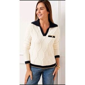 Talbots XL Cable Knit Johnny Collar V Neck Sweater Gold Sparkly Trim Navy Cream